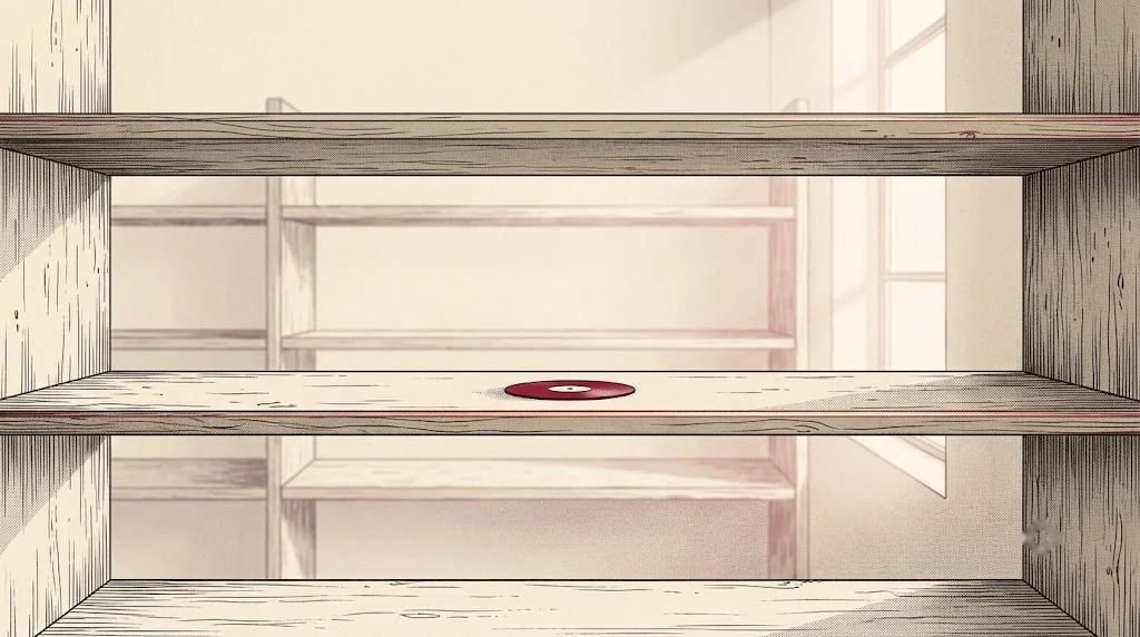 An empty shelf holding a single blank disc